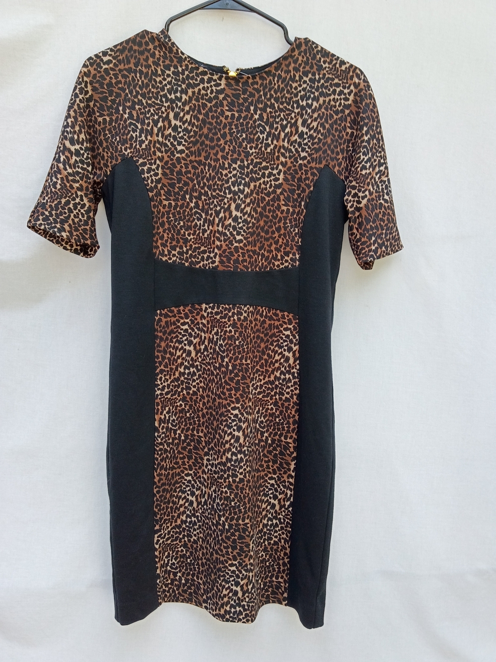Michael Kors Black and Leopard Print Color Block Midi Sheath Dress Size 6 Small